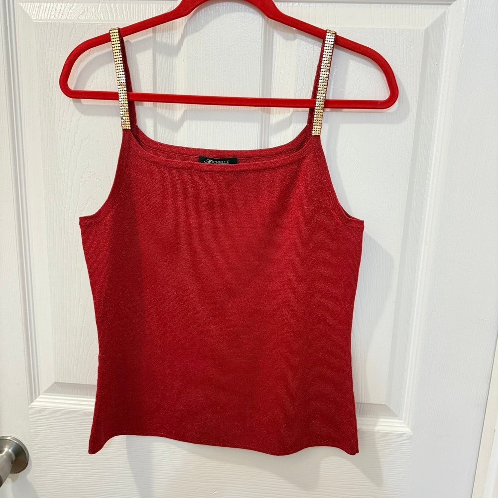 Michelle Antonelli Red Shimmer Gold Silk Blouse Tank Top Size M Holiday Party
